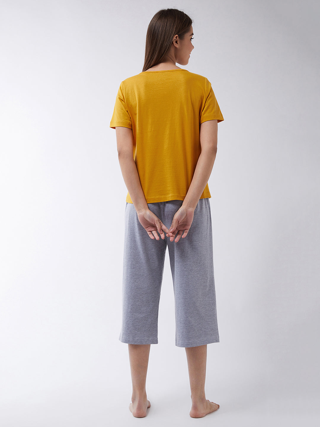 Women's Mustard Yellow and Charcoal Gray Round Neck Short Sleeves Regular length Top & Capri Set