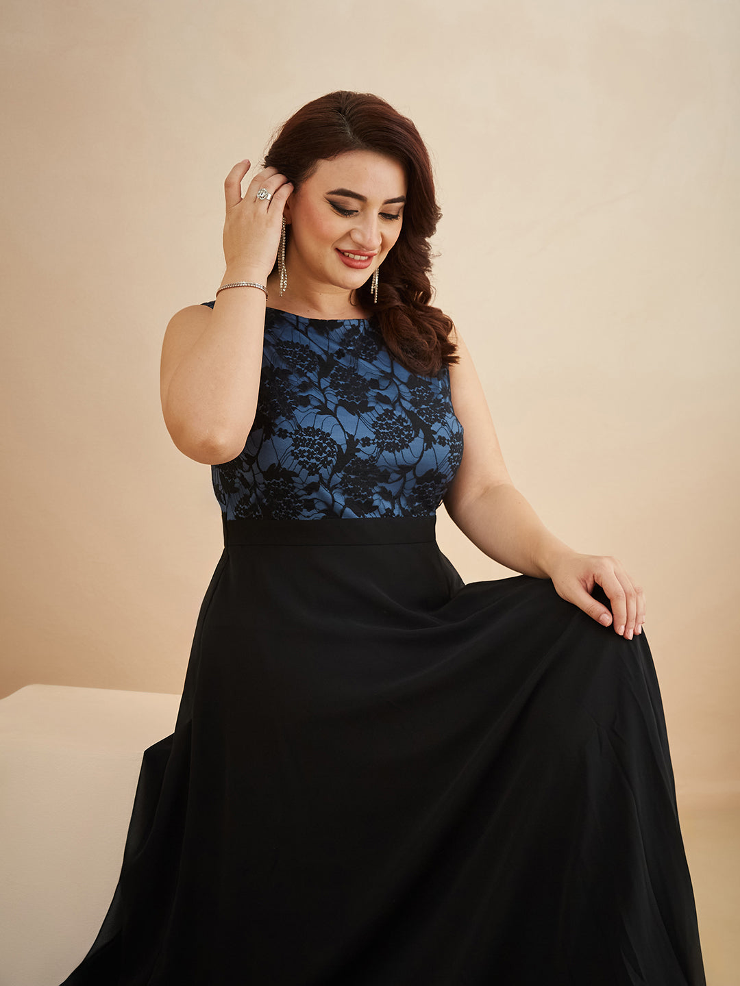 Blue & Black Round Neck Sleeveless Georgette Floral Lace Fit & Flare Maxi Dress for Women — Miss Chase A+