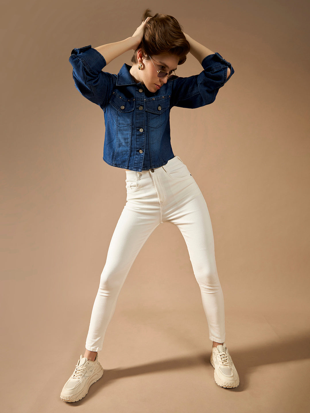 Women's Navy Blue Solid Polo Neck Full Sleeves Buttoned Denim Embellished Cropped Jacket