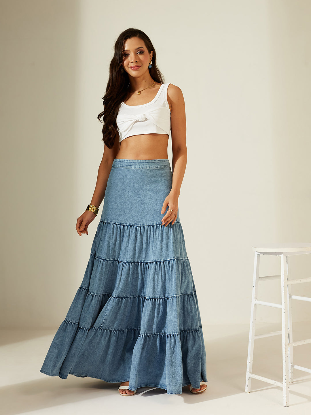 Women’s Light-Blue High-Rise Gathered Maxi Denim Skirt with Tiered Design for Women