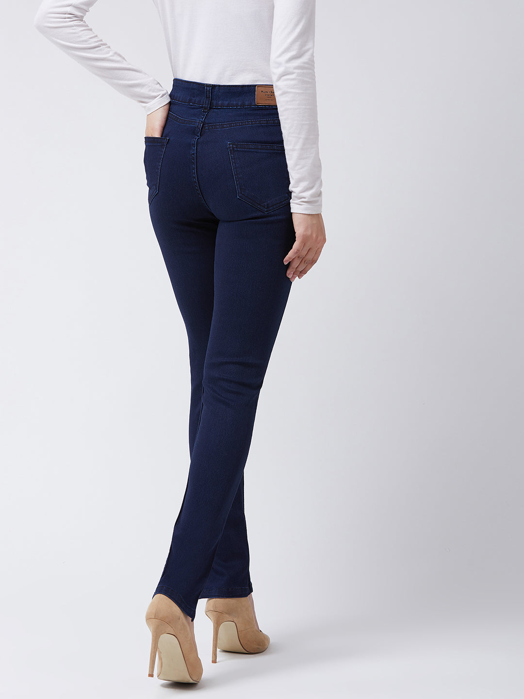 Women's Navy-Blue Skinny-Fit Mid-Rise Cropped-Length Side-Slit Stretchable Denim Jeans