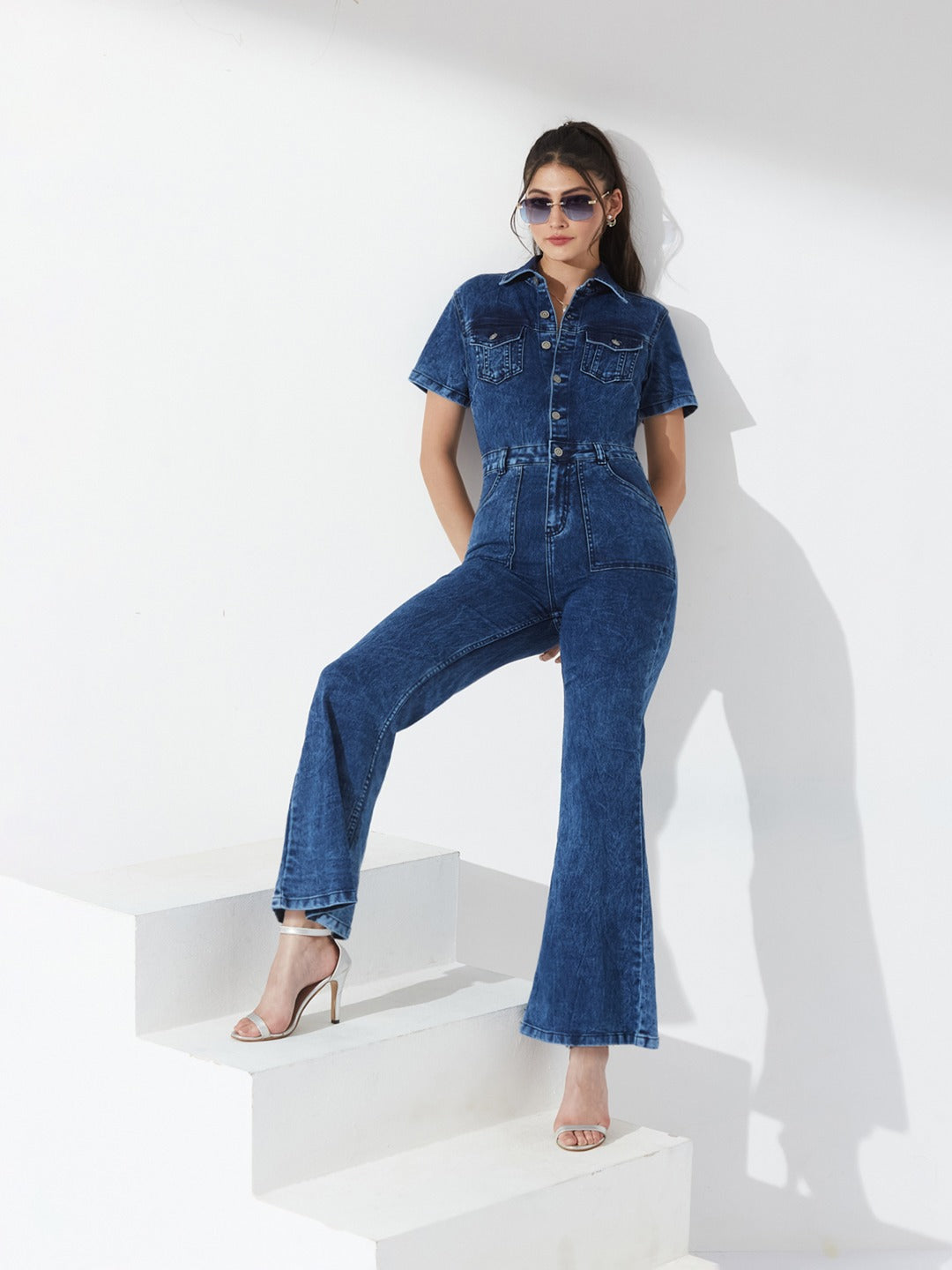 Navy Blue Flared high-rise Regular Stretchable Denim Jumpsuit for Women