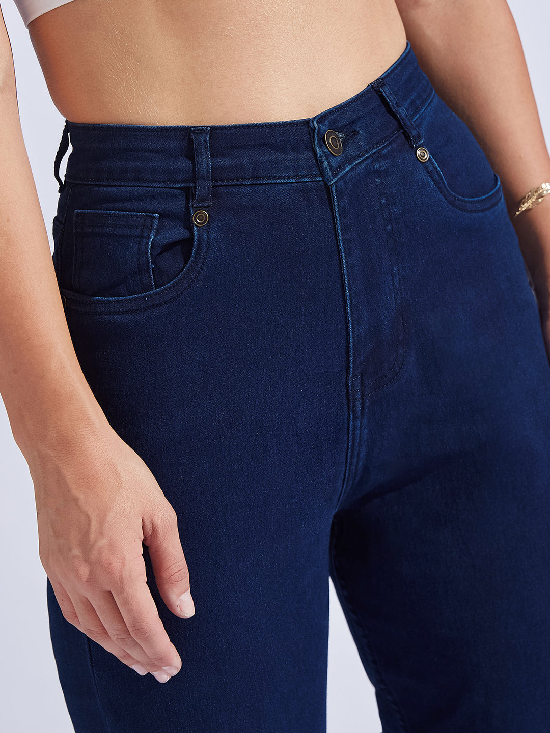 Navy Blue High Rise Clean Look Regular-Length Stretchable Denim Mom Jeans for Women
