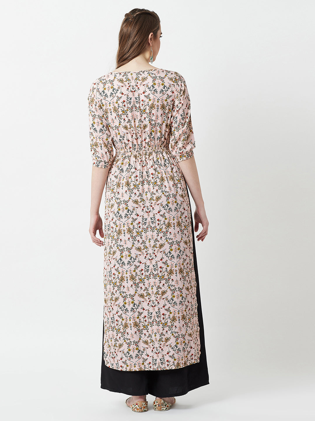 Peach Round Neck 3/4 Sleeve Floral Tie-Up Tassel Detailing Front Slit Maxi Top for Women