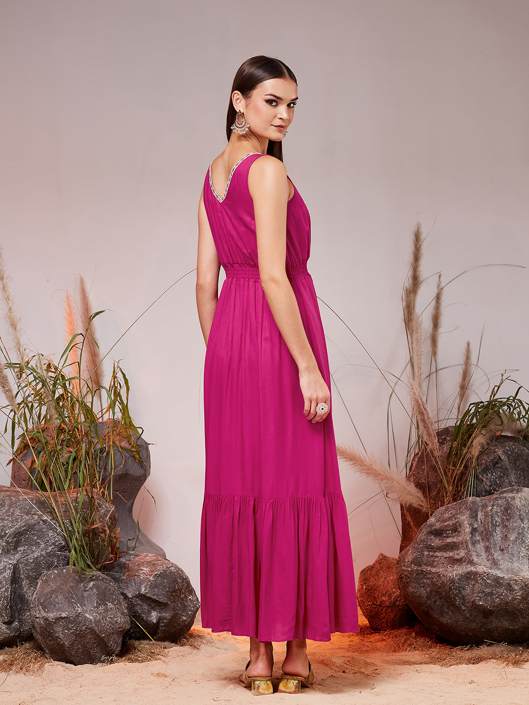 Pink Square Neck Sleeveless Solid Tiered Maxi Viscose Rayon Ethnic Dress for Women — Miss Chase