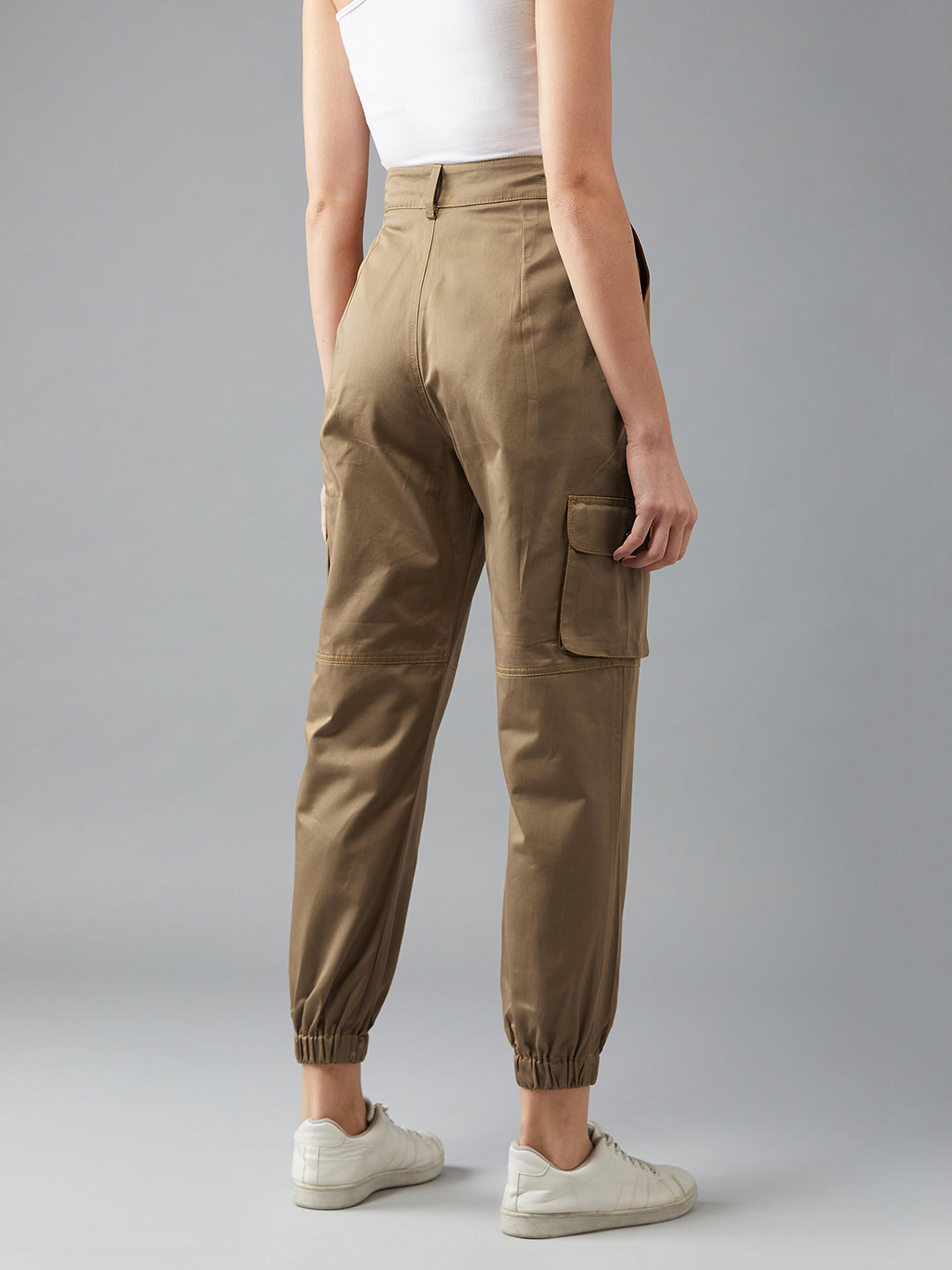 Women's Olive Green Solid Panelled Elasticated Regular Length Joggers
