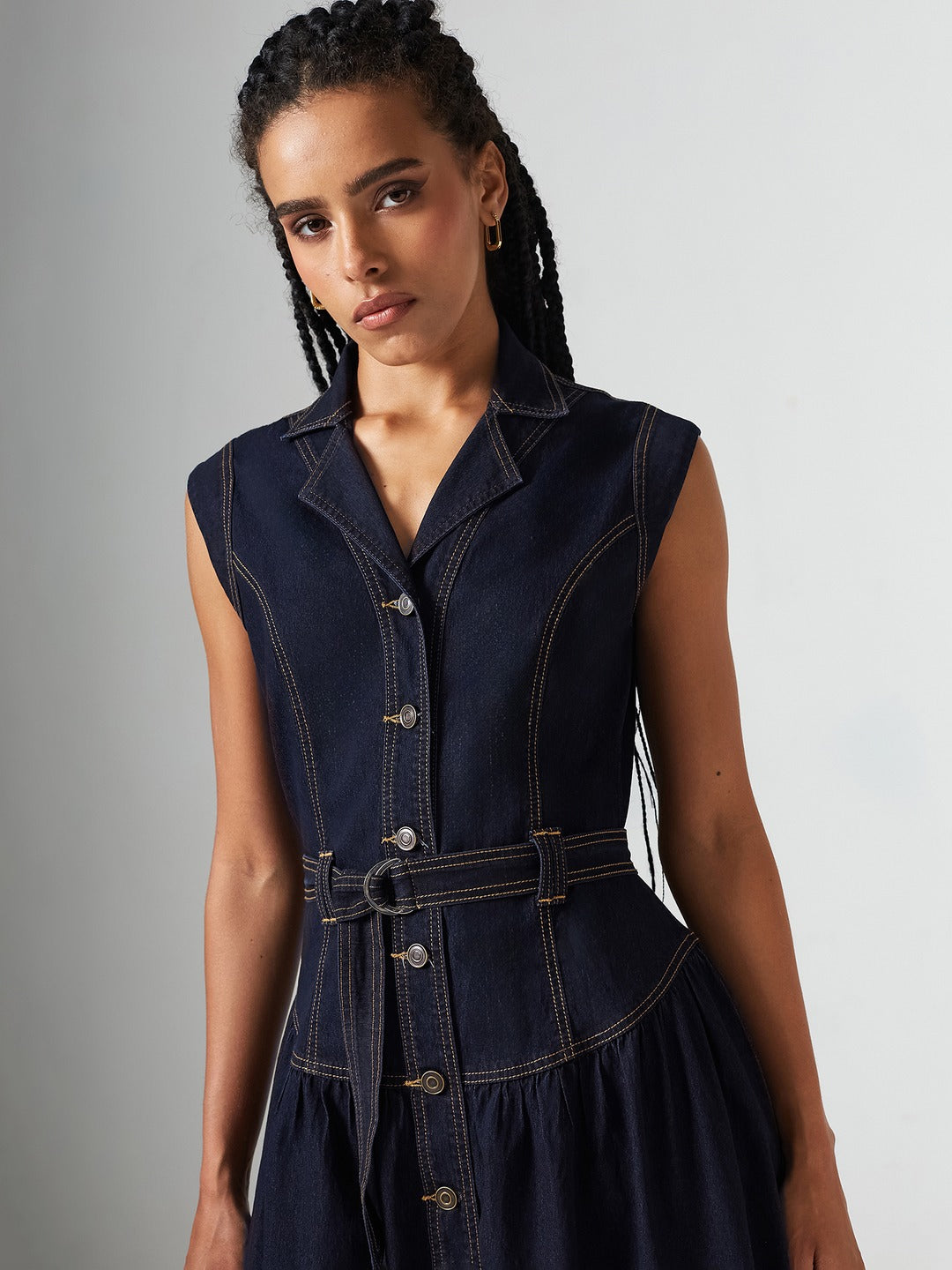 Dark Blue Notched-Collar Sleeveless Solid Drop Waist Maxi-Length Light Weight Denim Shirt Dress for Women