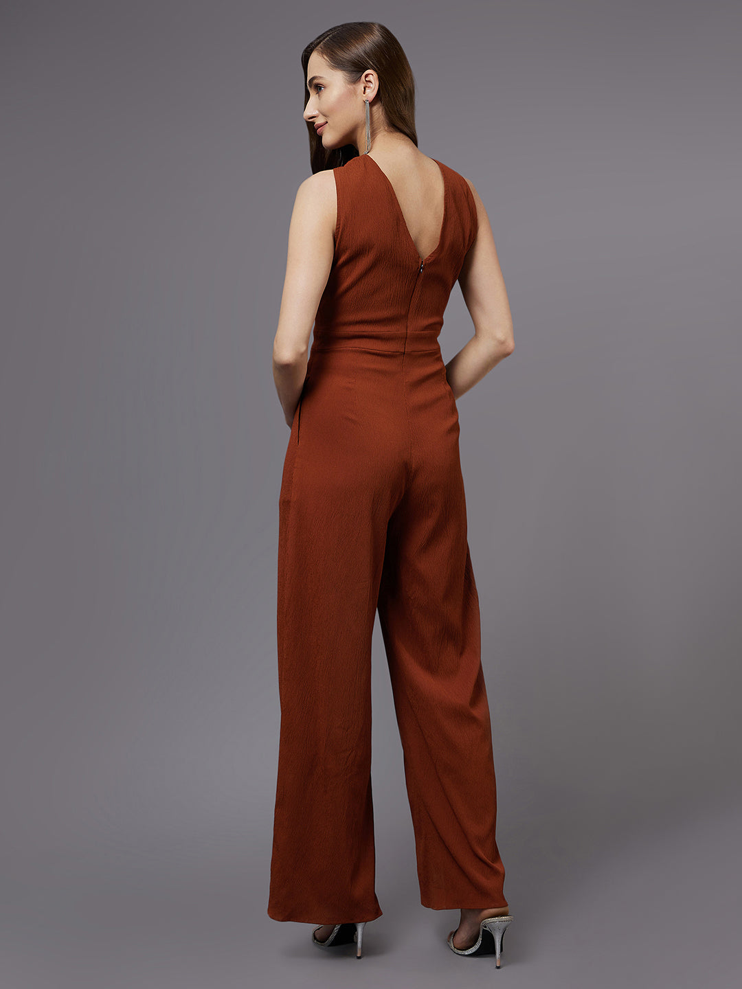 Women's Rust Halter Neck Sleeveless Solid Straight Leg Regular length Jumpsuit
