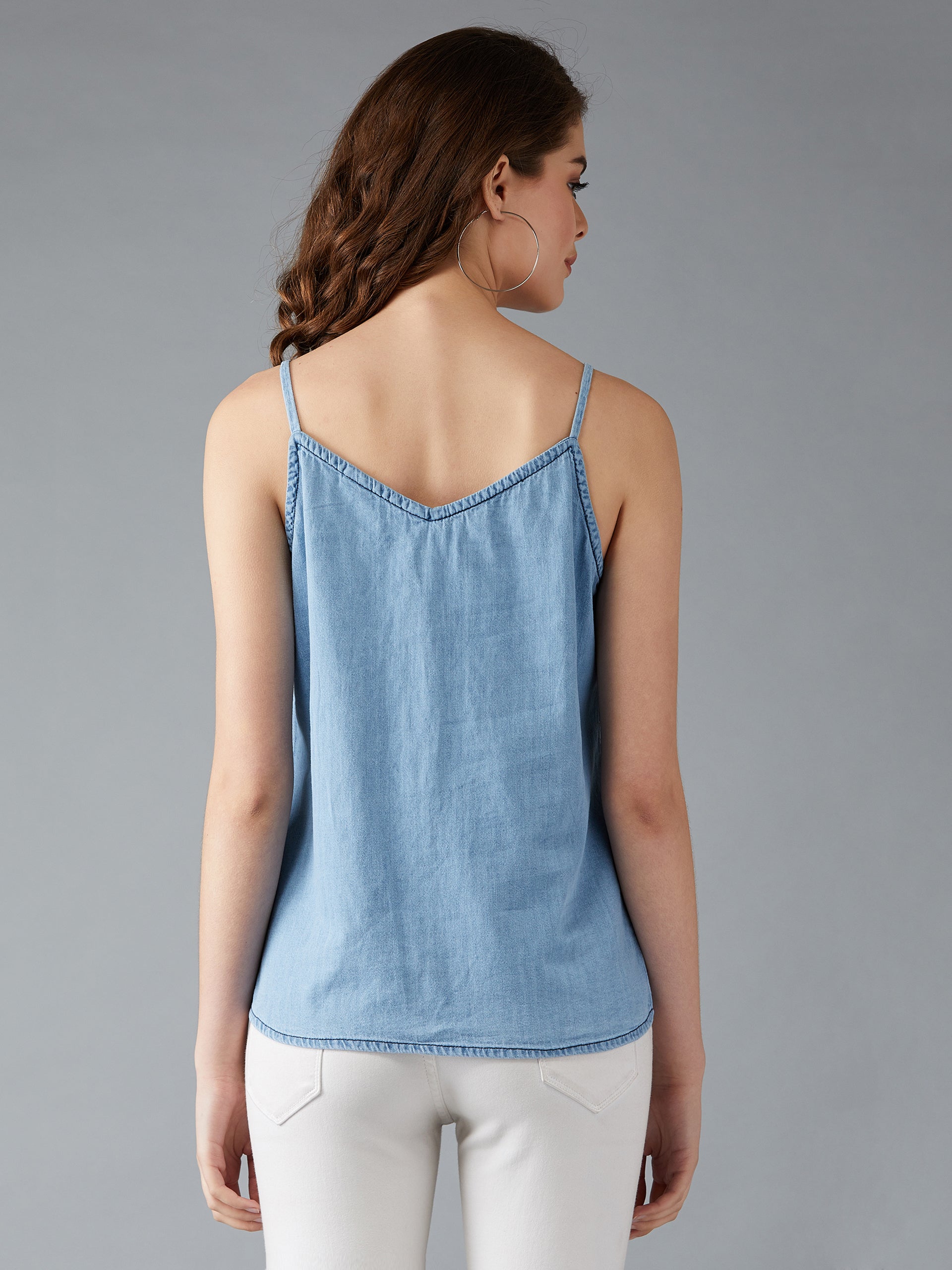 Women's Light Blue V Neck Sleeveless Cotton Solid Denim Spaghetti Top