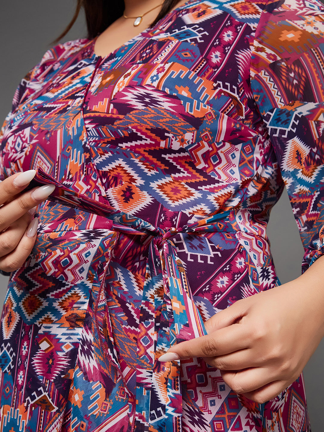 Body Bliss Multicolored Geometric Patterned Wrap Midi Chiffon Dress