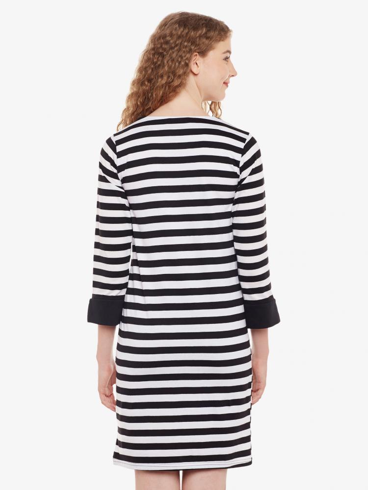 Black & White Round Neck 3/4 Sleeves Mini Dress for Women — Miss Chase