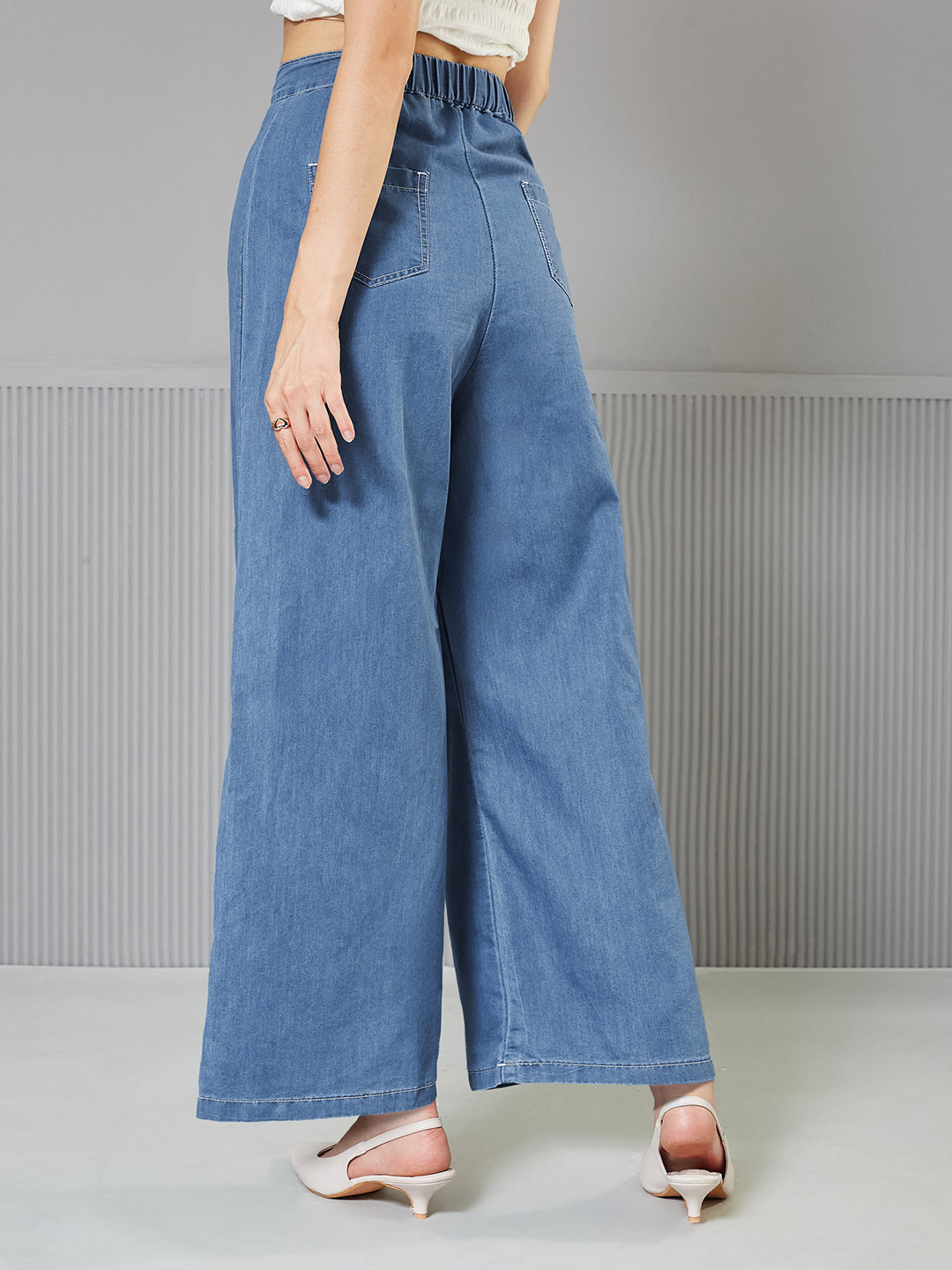 Blue Flared Wide-Leg High-Rise Non Stretchable Light Weight Denim Pants for Women