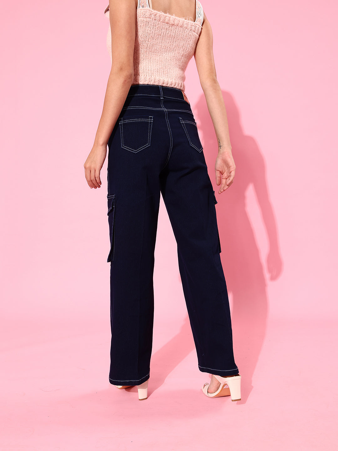 24/7 Comfort Navy Blue Wide-Leg Cargo High-Rise Stretchable Baggy Denim Jeans