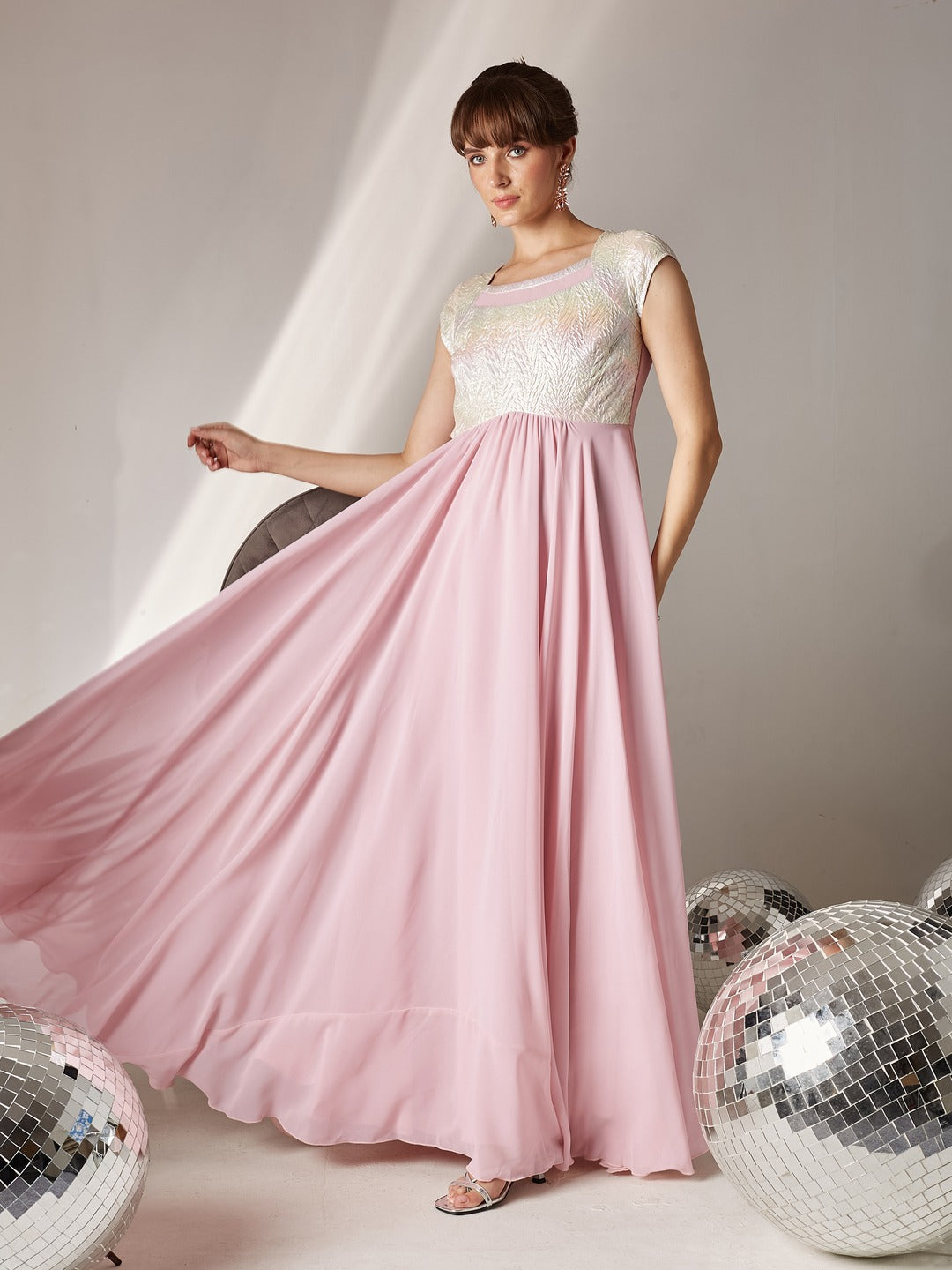 Dusty Pink Round Neck Raglan Sleeve Self-Designed Fit & Flare Georgette Maxi Dress for Women