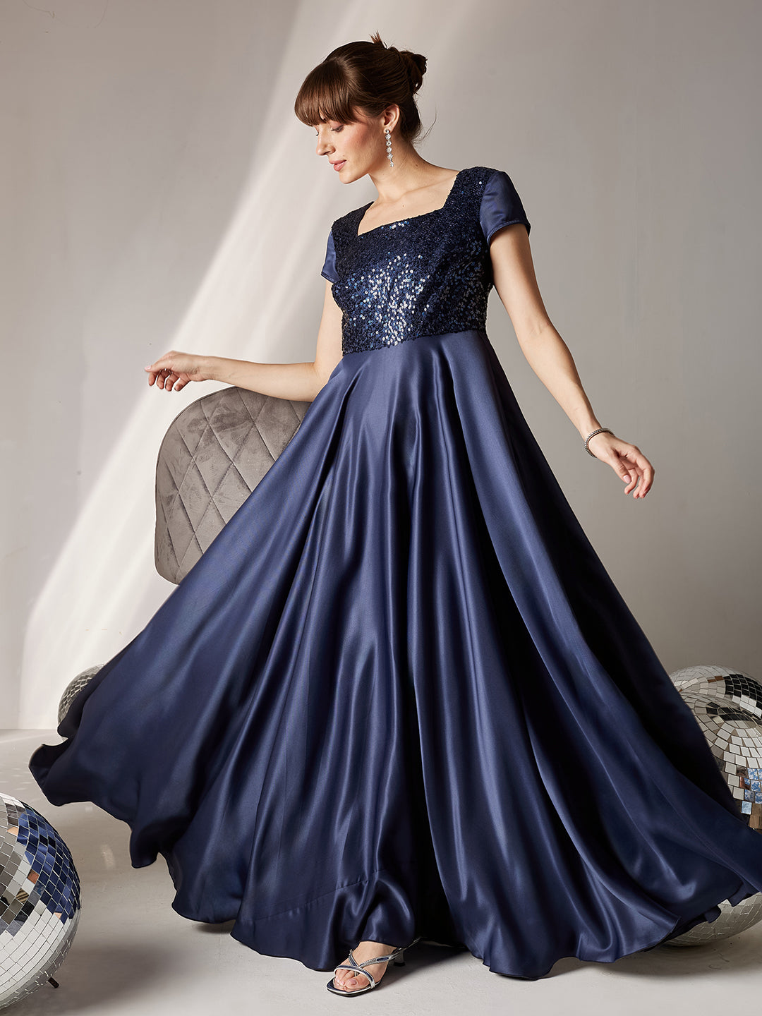 Women's Navy Blue Square Neck Short Sleeve Embellished Polyester Fit & Flare Maxi Dress