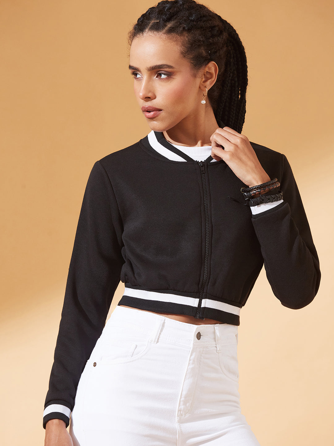 Black V-Neck Full Sleeves Loopknit, Rib Solid Bomber Cropped Jacket for Women