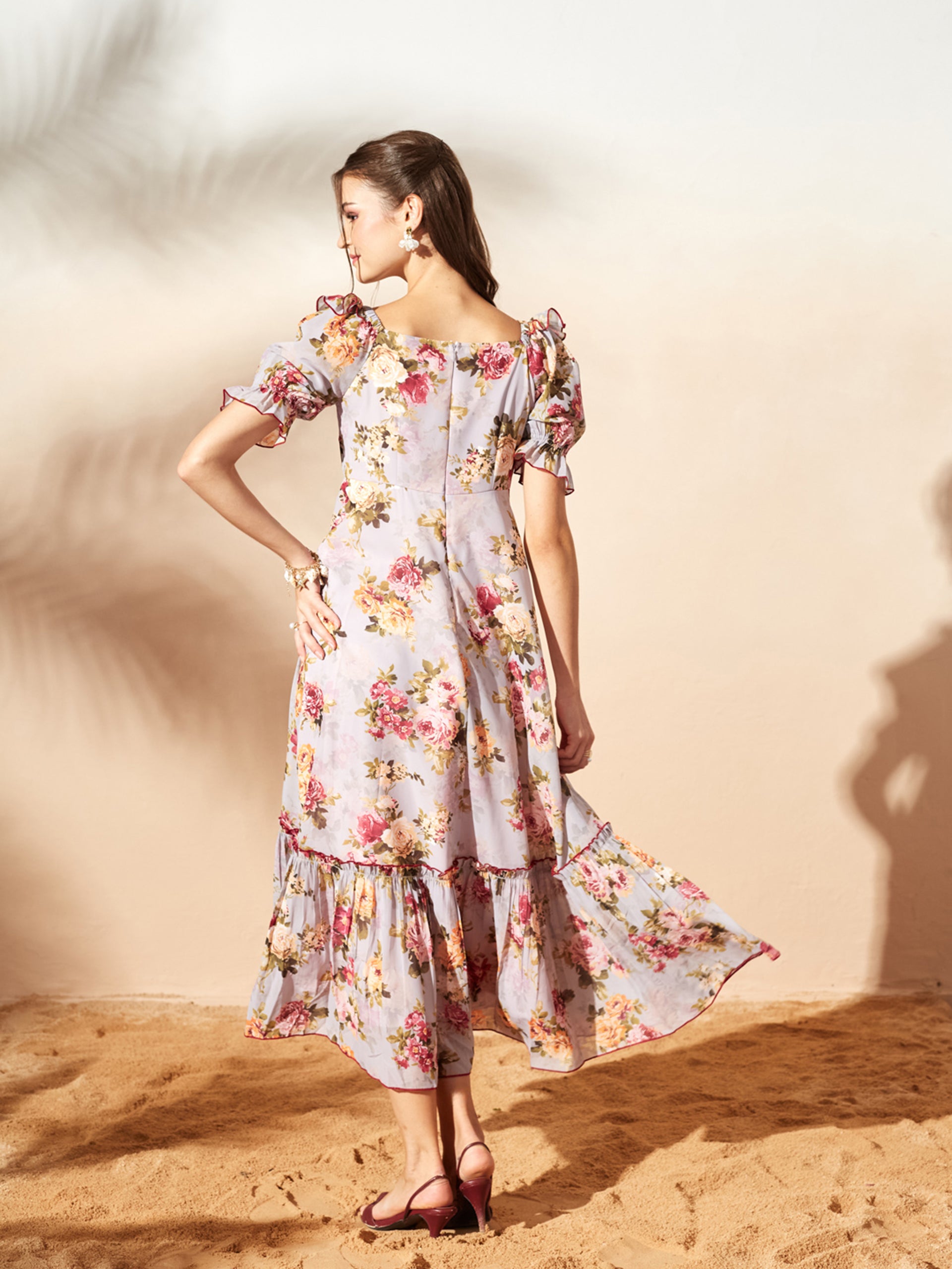 Grey Multicoloured Floral Printed Puff Sleeves Sweetheart Neck Fit and Flare Maxi Dress for Women