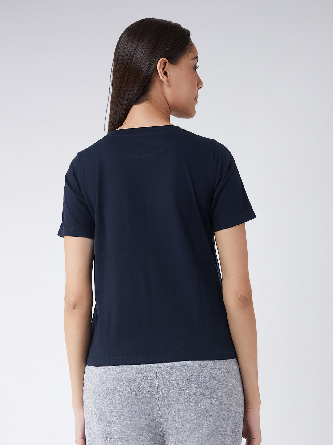 Women's Navy Blue Round Neck Short Sleeves Regular Length Printed T-shirt