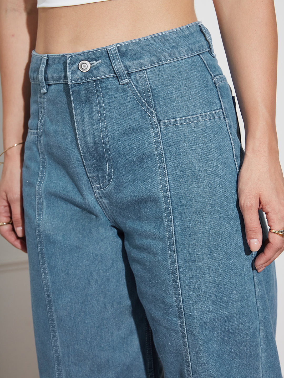 Women's Blue Wide-Leg High-Rise Clean-Look Regular-Length Denim Jeans