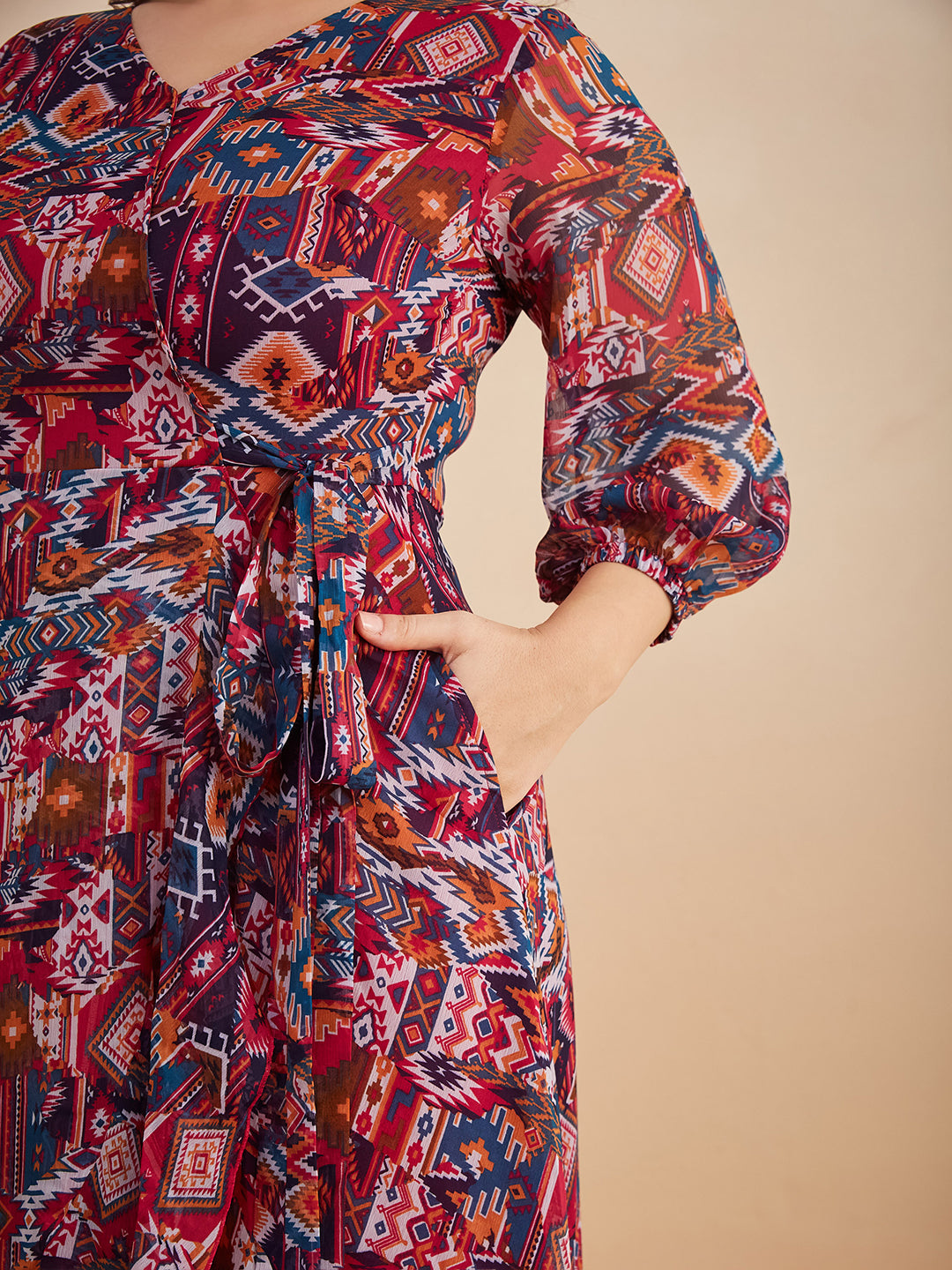 Multicolored V-Neck Three-Quarter Sleeve Geometric Patterned Wrap Midi Chiffon Dress for Women — Miss Chase A+
