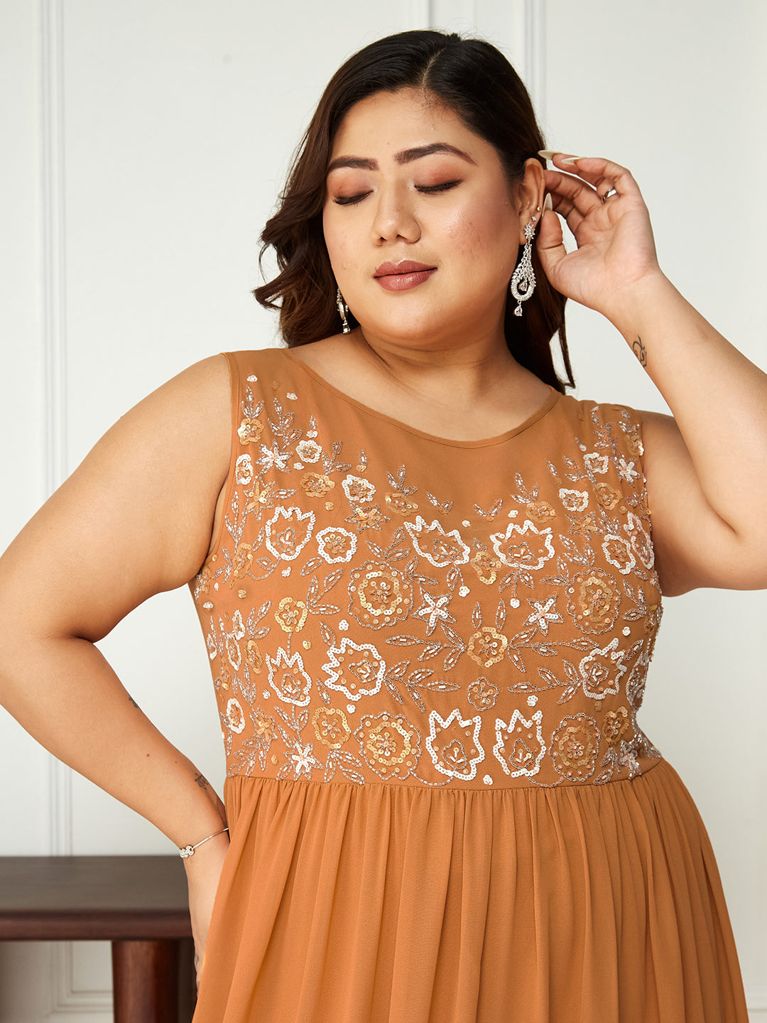 Dusty Orange Sleeveless Fit and Flare Sequinned Maxi Dress Long Dress Frock for Women