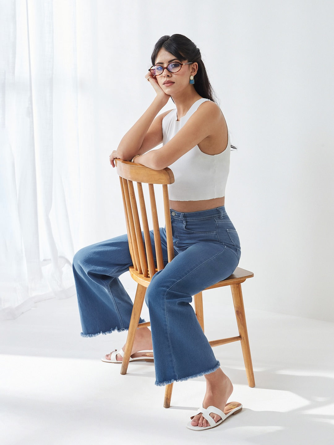 Blue Wide-Leg High-Rise Stretchable Denim Jeans for Women