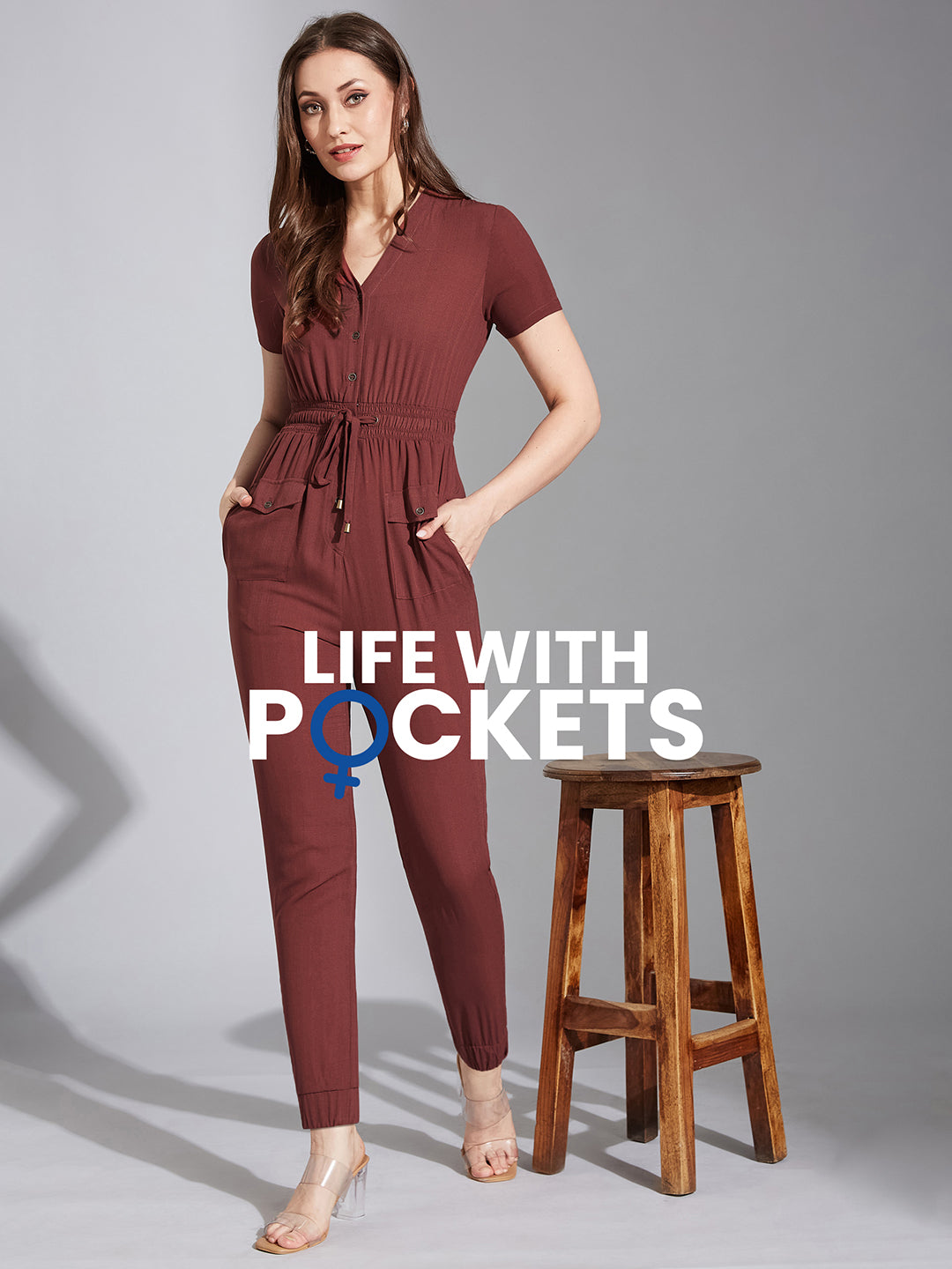 Women's Light Burgundy V-Neck Short Sleeve Solid Straight Leg Polyester Regular Jumpsuit