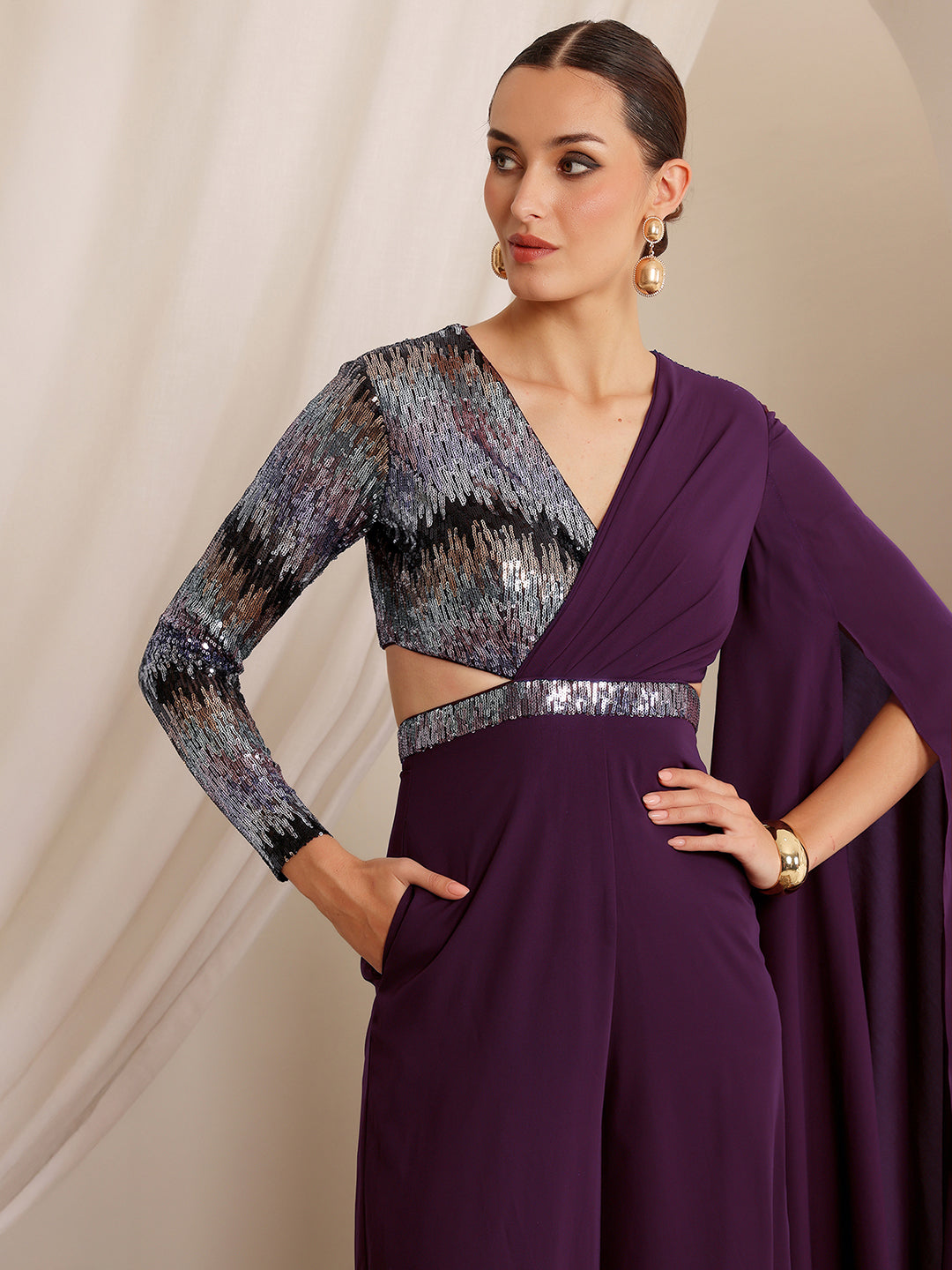 Women's Dark Purple V-Neck Asymmetric Embellished Georgette Jumpsuit