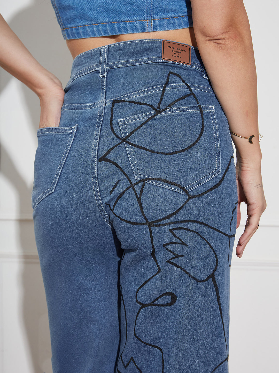 Women's Blue Wide Leg High Rise Hand Painted Clean Look Stretchable Denim Jeans
