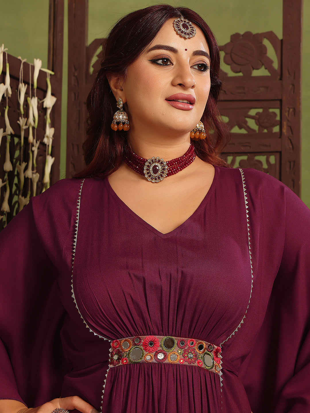 Wine Red Kaftan Dress with Multicoloured Embroidered Belt for Women