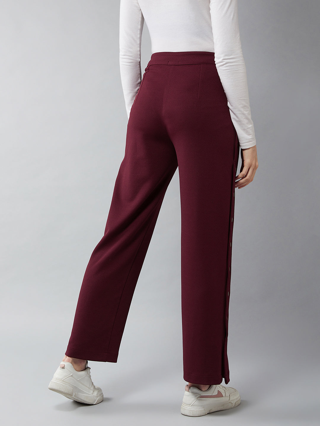 Women's Wine Red Solid Regular Fit Flared Trouser