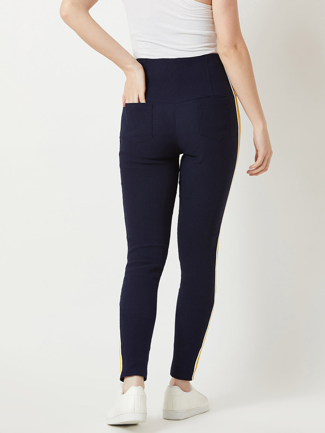 Women's Navy Blue Solid Regular Length High Waist Knitted Slim Fit Twill Tape Detailing Jeggings