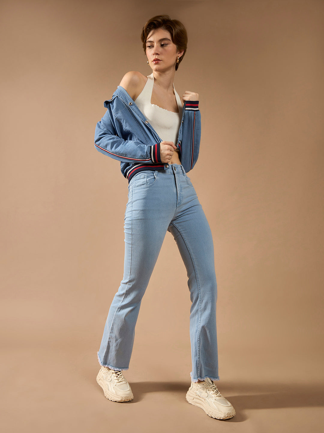 Women's Light Blue Polo Neck Full Sleeve Solid Buttoned Rib And Twill Tape Detailing Bomber Denim Jacket