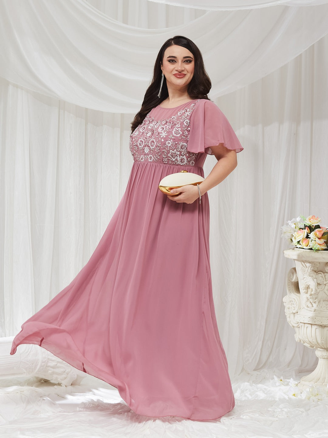 Dusty Lavender Boat Neck Half Sleeve Solid Embellished Georgette Maxi Dress for Women — Miss Chase A+