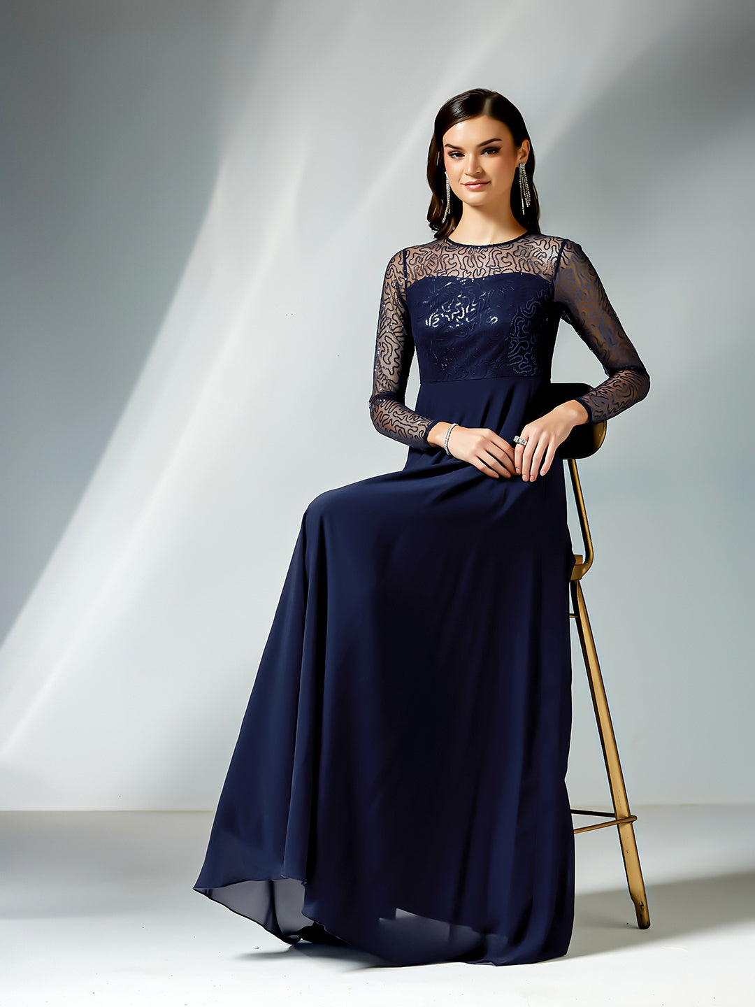 Navy Blue Solid Embellished Maxi Dress for Women