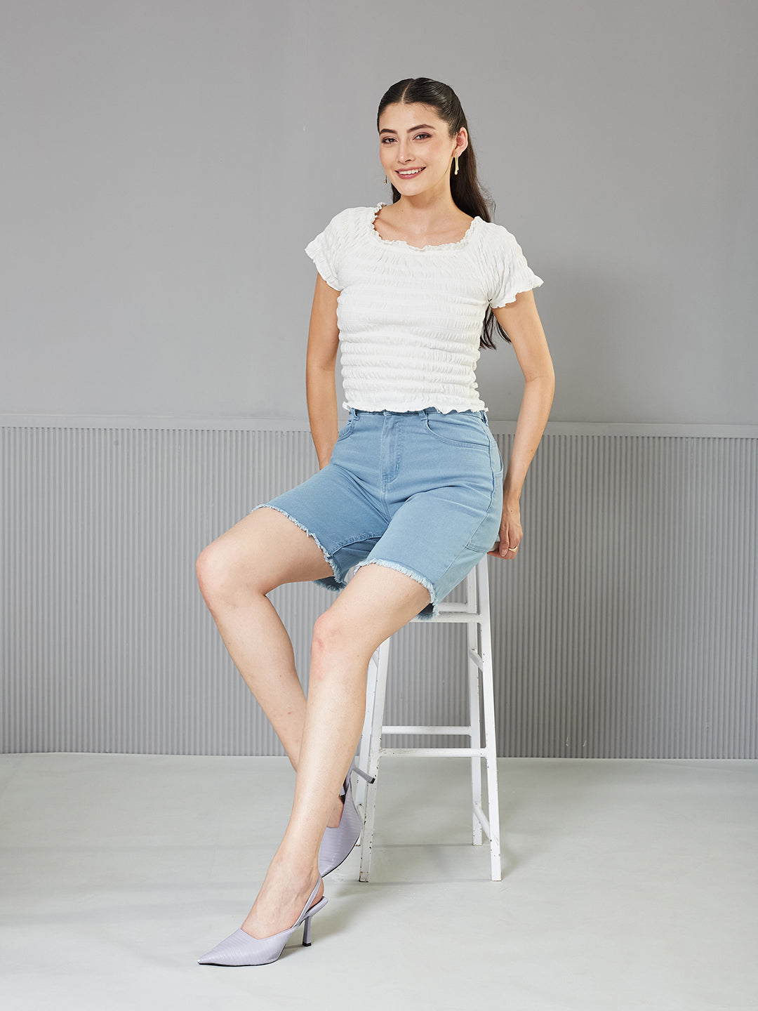 Light-Blue Regular High-Rise Above Knee Stretchable Denim Shorts for Women — Miss Chase