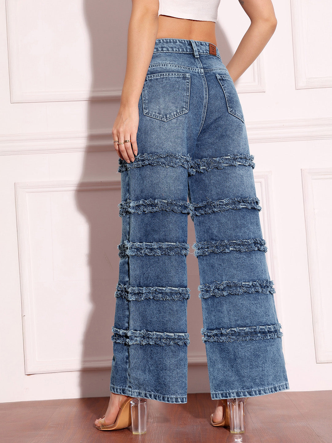 Women's Navy-Blue Wide-Leg High-Rise Highly-Distressed Regular-Length Denim Jeans