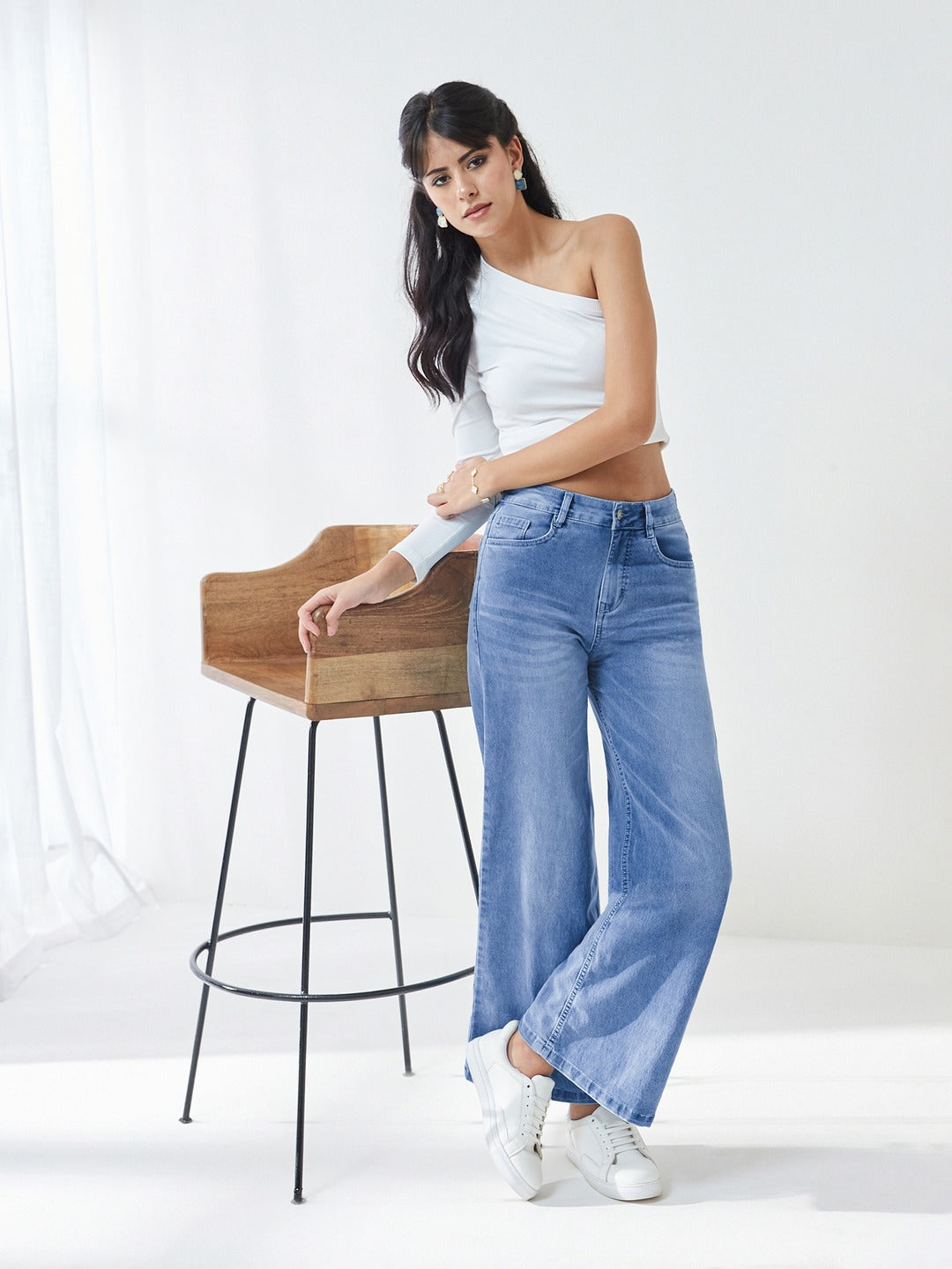 CHASEshape™ Light Blue Wide-Leg High-Rise Clean-Look Regular-Length Stretchable Jeans for Women