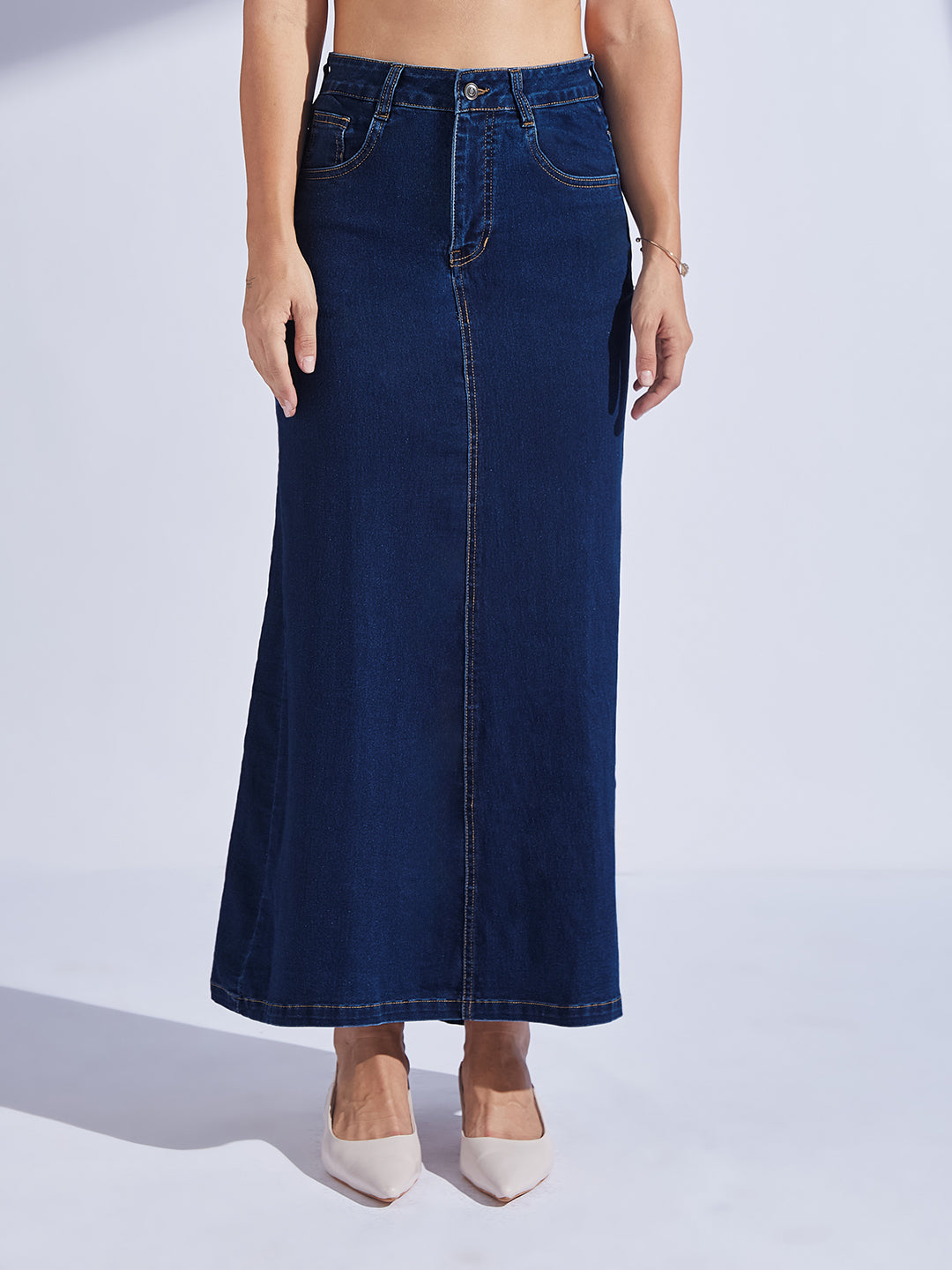 Women's Dark Blue Flared High-Rise Clean-Look Stretchable Denim Maxi Skirt