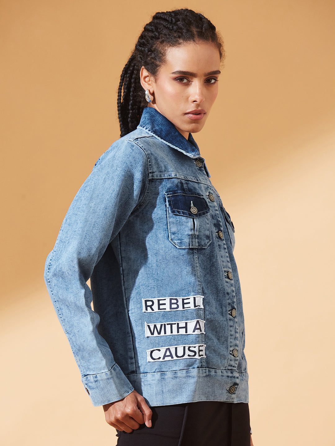 Light-Blue Polo Neck Solid Full Sleeve Bomber Jacket for Women