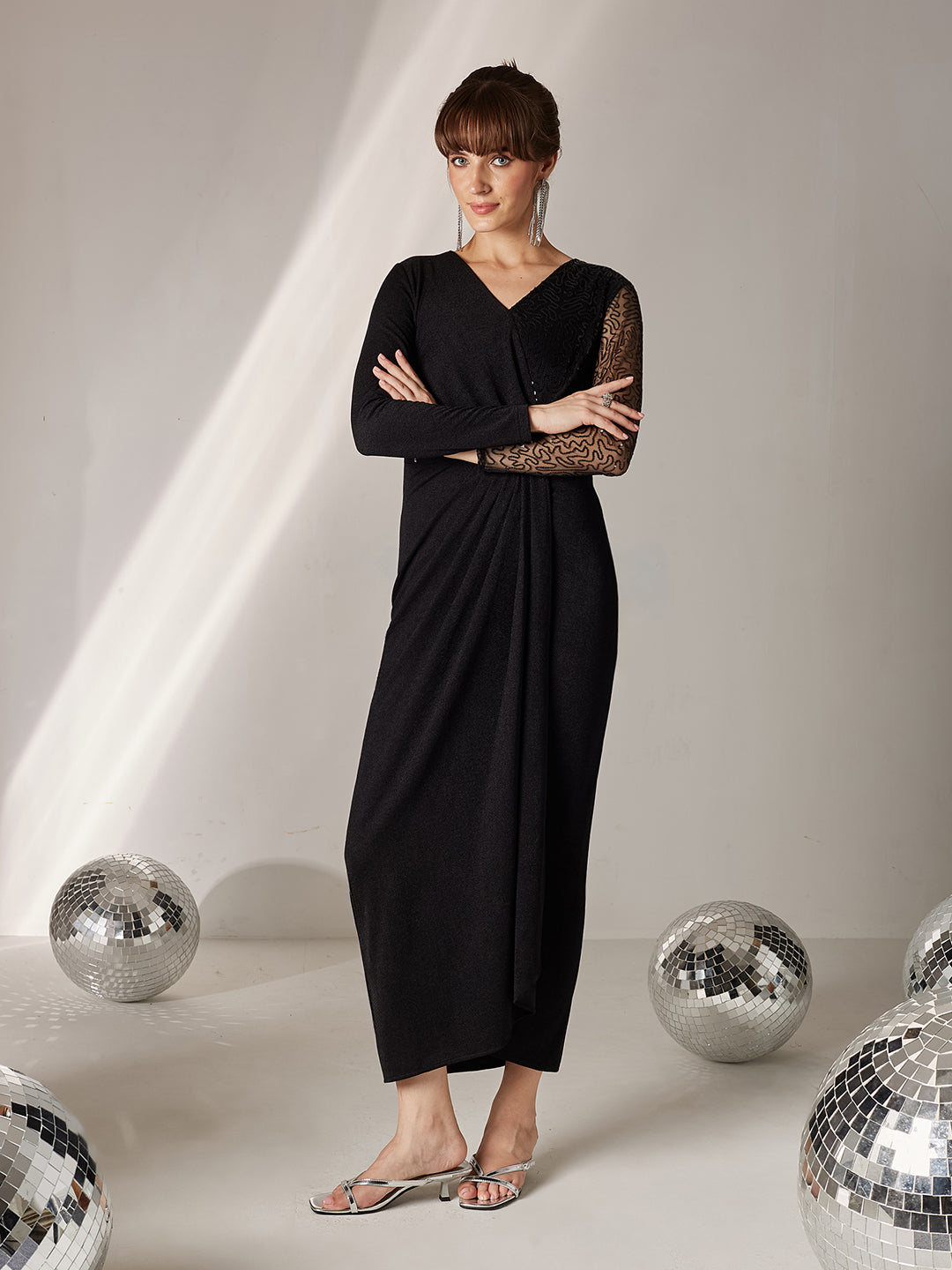 Women's Black V-Neck Full Sleeve Embellished Pleated Longline Dress