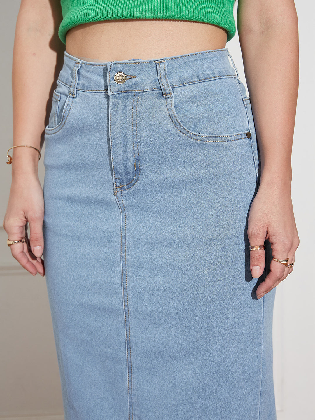 Women's Light Blue Straight High Rise Clean Look Midi Stretchable Denim Denim Skirt
