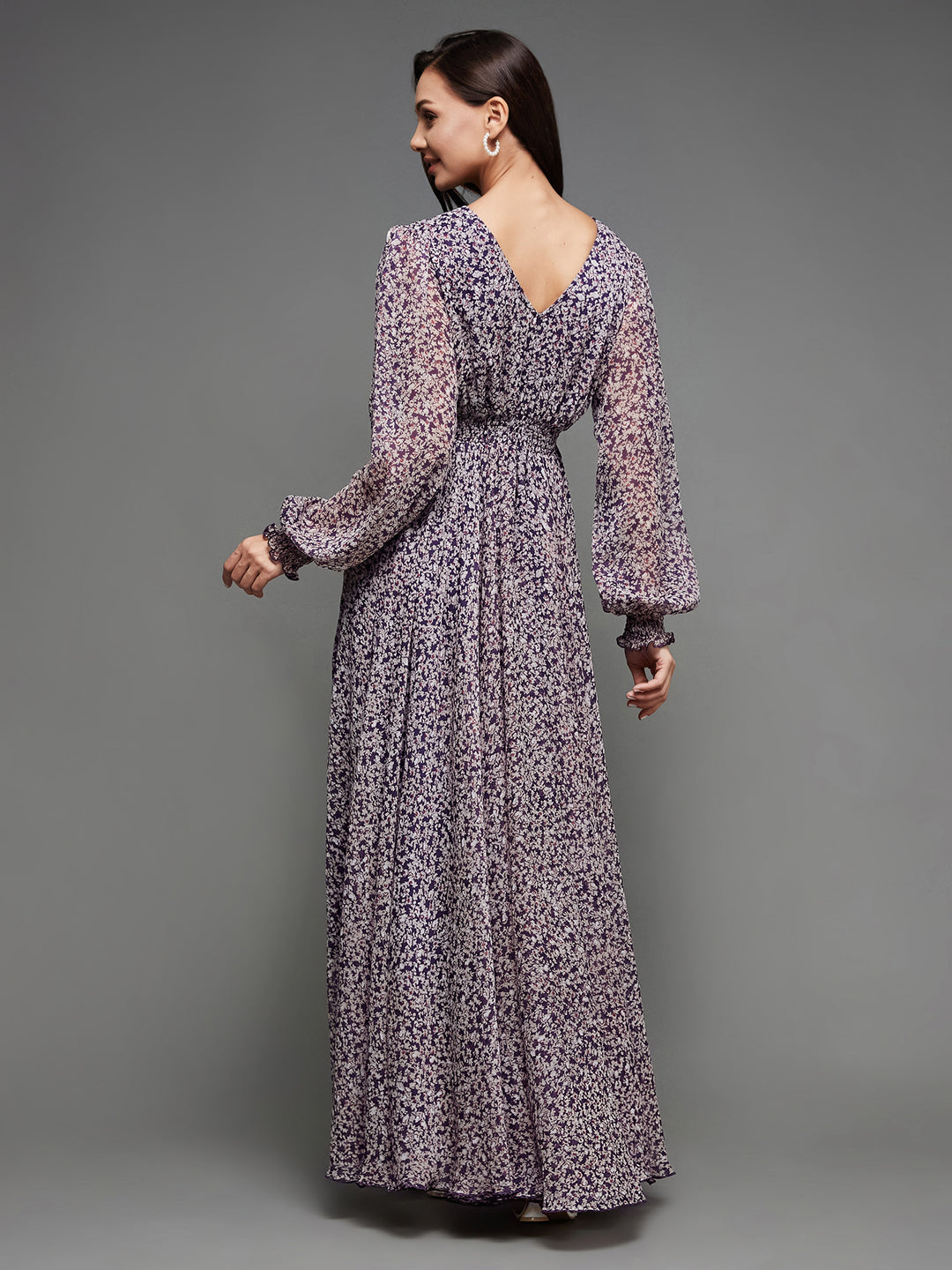 Women's Multicolored-Base-Purple V-Neck Bishop Sleeve Floral Gathered Chiffon Maxi Dress