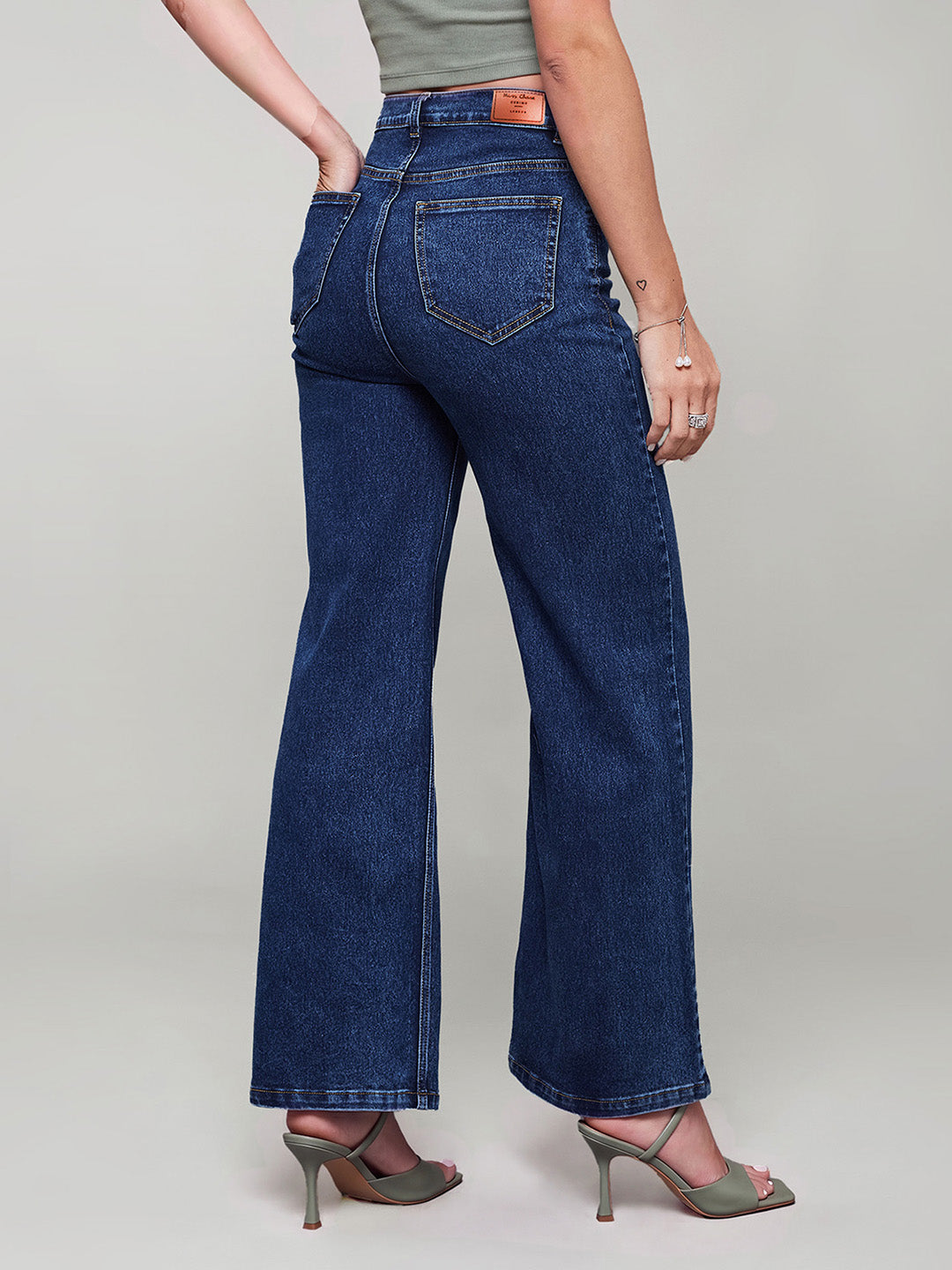 Mid Blue Wide-Leg High-Rise Stretchable Denim Jeans for Women