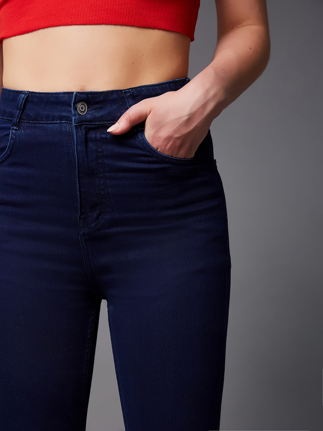 24/7 Comfort Navy-Blue Bell-Bottom Bootcut High-Rise Stretchable Denim Jeans for Women — Miss Chase