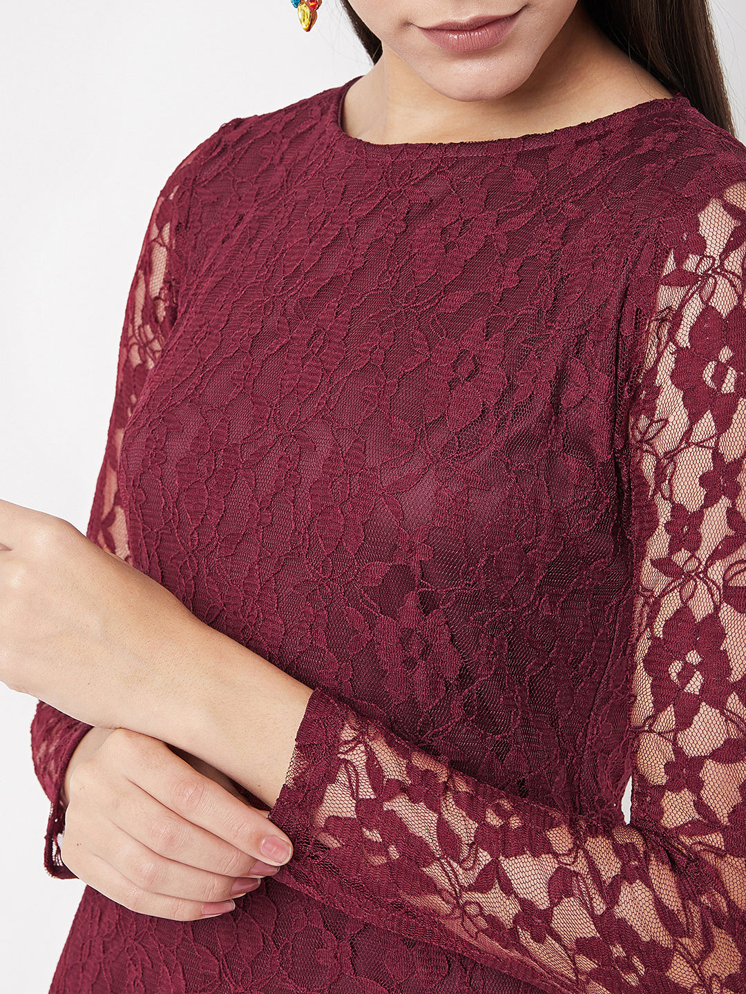 Maroon Round Neck Full Sleeves Bodycon Dress for Women — Miss Chase