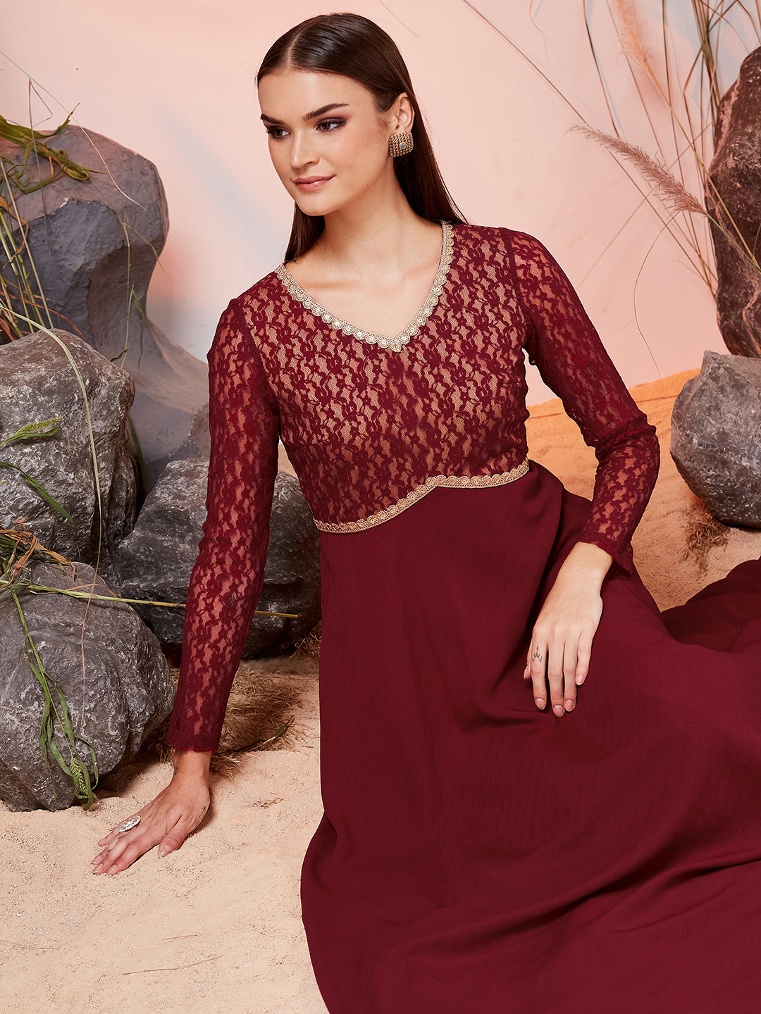 Women’s Maroon V-Neck Full-Sleeved Self-Design Fit & Flare Maxi Crepe Dress for Women