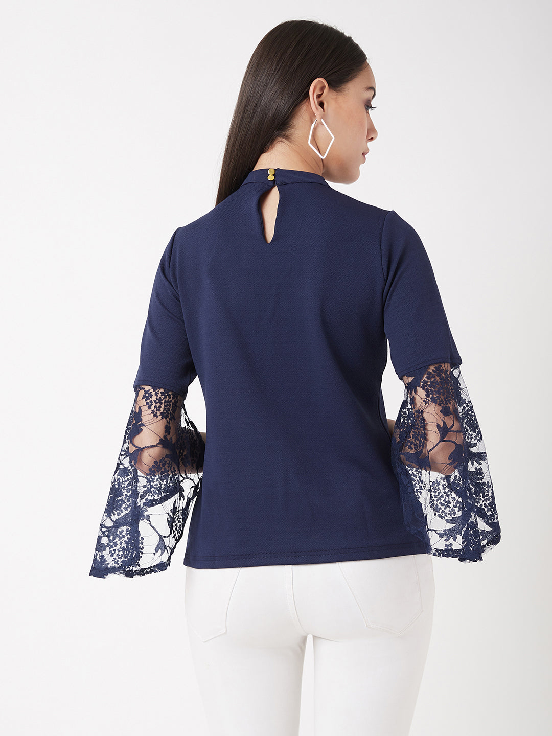 Women's Navy Blue Round Neck 3/4 Sleeve Solid Lace Semi Sheer Split Sleeve Choker Style Top