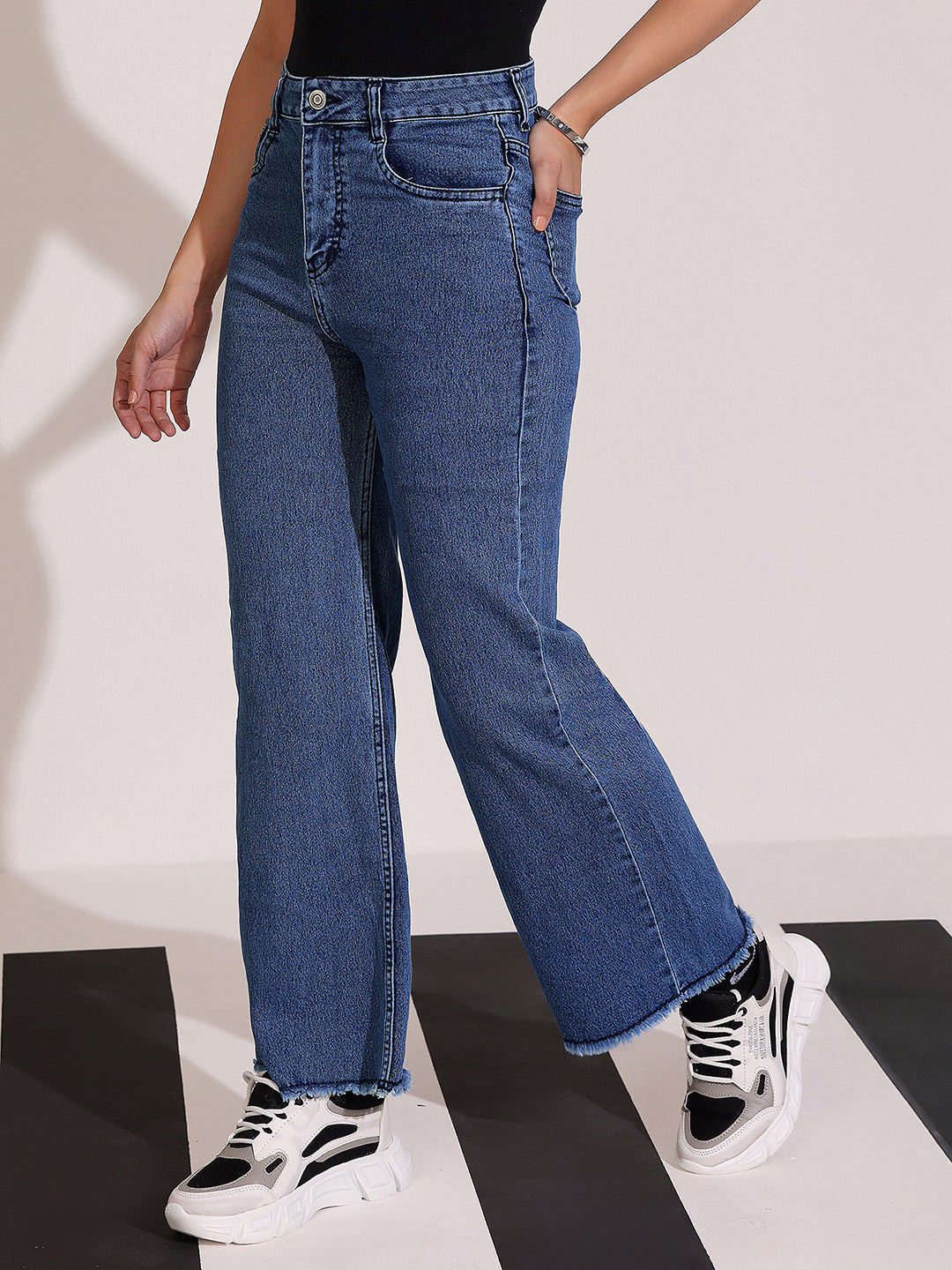 Women's Navy-Blue Wide-Leg High Rise Regular-Length Stretchable Denim Jeans