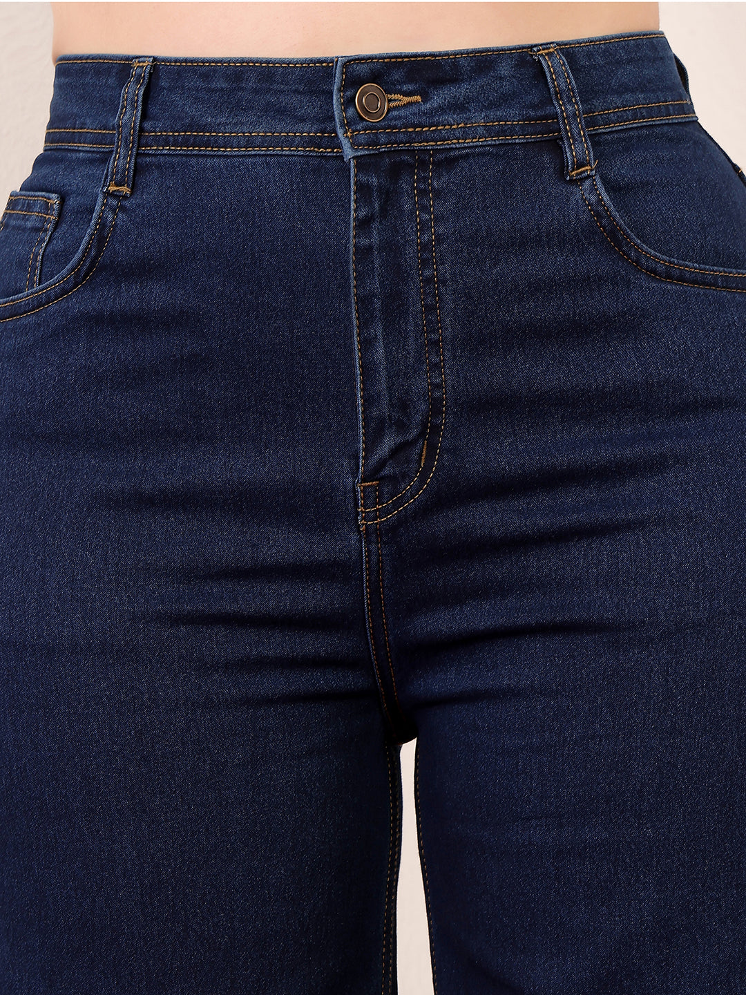 Women's Navy Blue Wide-Leg High-Rise Clean-Look Stretchable Denim Jeans